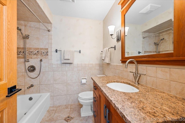 6N198 Old Homestead Rd, Saint Charles, IL 60175 - full bathroom with shower / bathtub combination, toilet, vanity, tile patterned floors, and tile walls