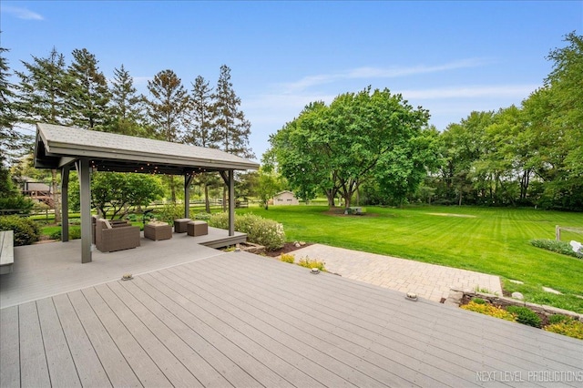 6N198 Old Homestead Rd, Saint Charles, IL 60175 - deck with a gazebo, a lawn, view of wooded area, and a patio