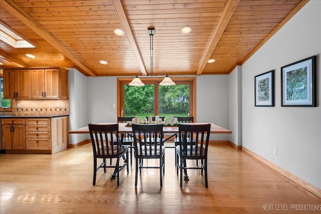 6N198 Old Homestead Rd, Saint Charles, IL 60175 - dining room with wooden ceiling, light wood-style floors, beamed ceiling, baseboards, and recessed lighting