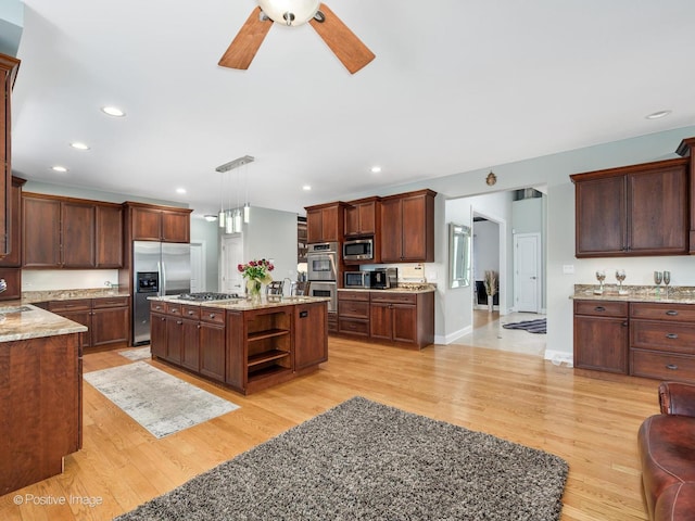 kitchen with open shelves, recessed lighting, light wood finished floors, a ceiling fan, and appliances with stainless steel finishes