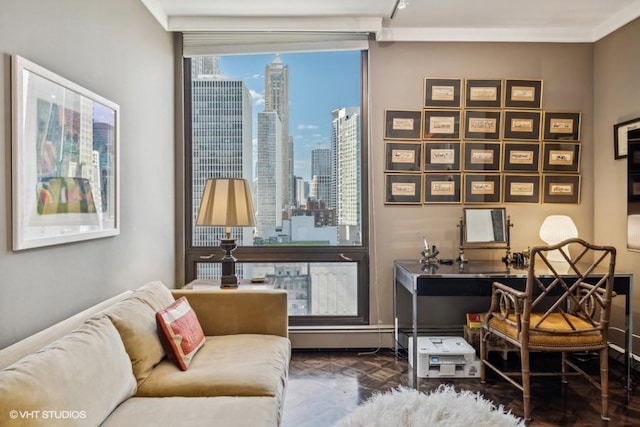 office area with a skyline view and crown molding