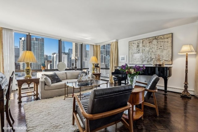 living room featuring a skyline view, crown molding, a baseboard heating unit, and a baseboard radiator