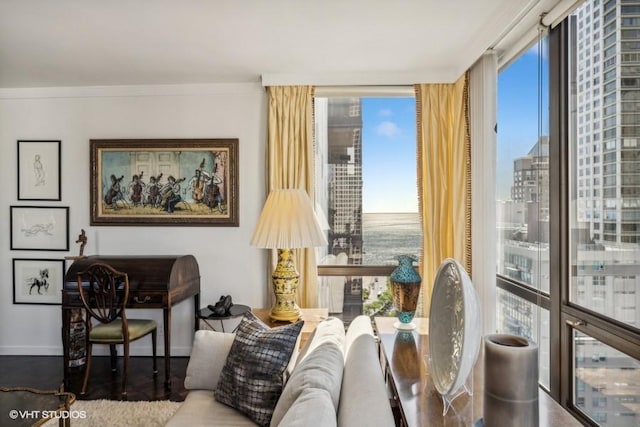 sitting room with baseboards, a view of city, and crown molding