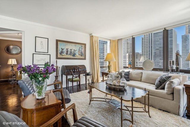 living room with plenty of natural light, a city view, ornamental molding, baseboards, and wood finished floors