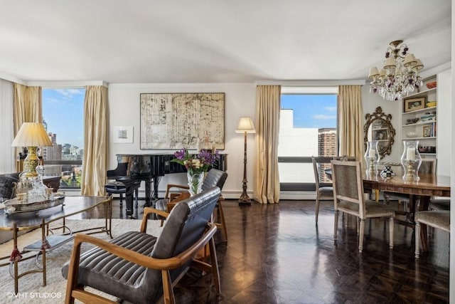 living area featuring a chandelier