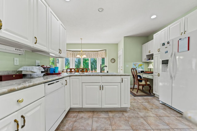 638 Roxbury Rd, Rockford, IL 61107 - kitchen with white appliances, a peninsula, white cabinetry, light countertops, and recessed lighting