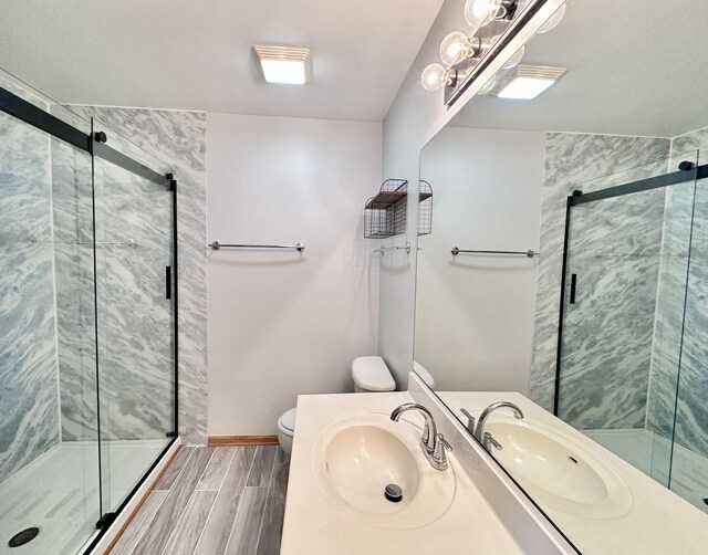 2278 Twilight Dr, Aurora, IL 60503 - bathroom featuring toilet, vanity, wood tiled floor, and a stall shower