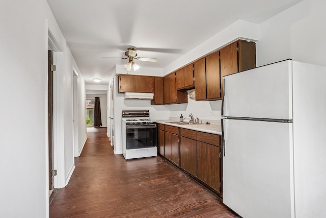 kitchen with a ceiling fan, a sink, white appliances, under cabinet range hood, and light countertops