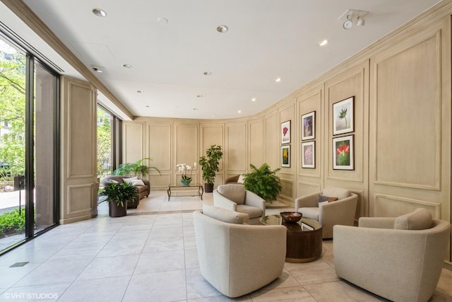 building lobby with a decorative wall