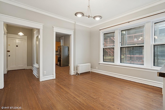 6104 S Kimbark Ave Unit 1, Chicago, IL 60637 - unfurnished room with radiator, baseboards, dark wood-style flooring, a chandelier, and ornamental molding
