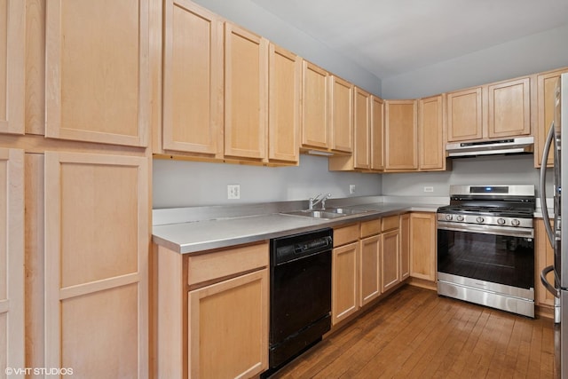 6104 S Kimbark Ave Unit 1, Chicago, IL 60637 - kitchen featuring stainless steel gas range, light brown cabinets, dishwasher, under cabinet range hood, and a sink