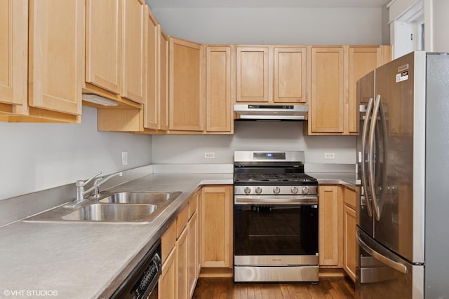 6104 S Kimbark Ave Unit 1, Chicago, IL 60637 - kitchen with stainless steel appliances, light brown cabinets, under cabinet range hood, a sink, and dark wood-style flooring