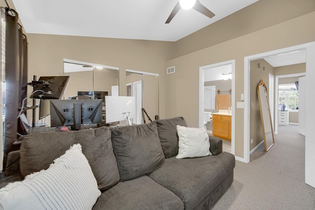 517 Woodcrest Dr, Mundelein, IL 60060 - living area with a ceiling fan, light colored carpet, and vaulted ceiling