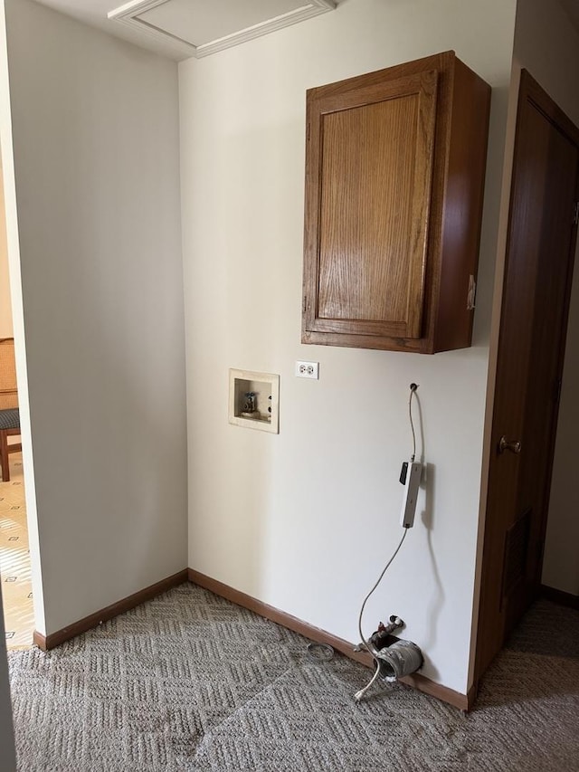 603 Kingston Dr, Romeoville, IL 60446 - laundry area with hookup for a washing machine, light colored carpet, cabinet space, baseboards, and attic access