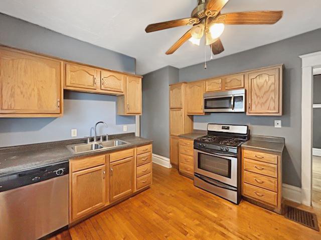kitchen with light wood-style flooring, visible vents, a sink, dark countertops, and appliances with stainless steel finishes
