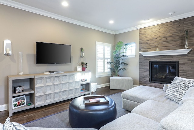 12911 Mayfair Dr, Lemont, IL 60439 - living room with baseboards, wood finished floors, crown molding, recessed lighting, and a fireplace