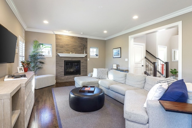 12911 Mayfair Dr, Lemont, IL 60439 - living area featuring dark wood-style flooring, stairs, a fireplace, recessed lighting, and ornamental molding