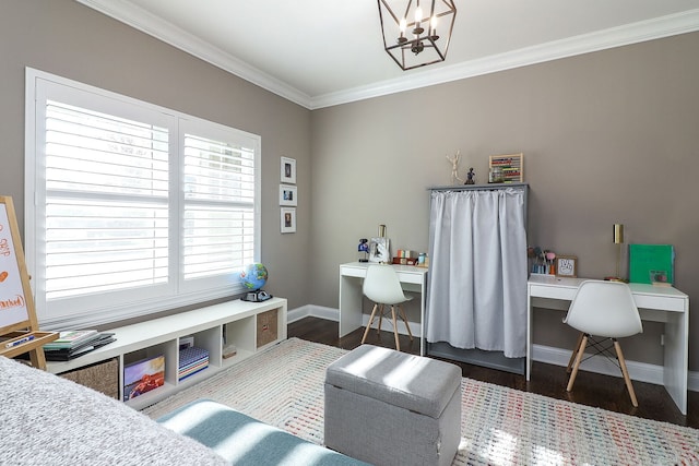 12911 Mayfair Dr, Lemont, IL 60439 - home office featuring ornamental molding, wood finished floors, a chandelier, baseboards, and built in desk