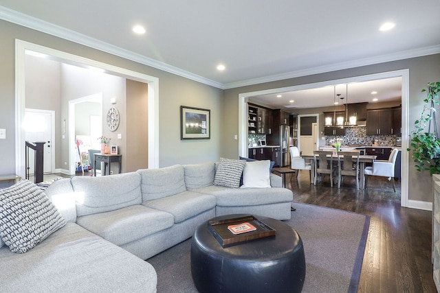 12911 Mayfair Dr, Lemont, IL 60439 - living area with dark wood-style floors, recessed lighting, ornamental molding, and baseboards