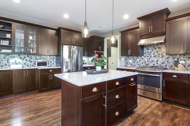 12911 Mayfair Dr, Lemont, IL 60439 - kitchen with appliances with stainless steel finishes, wall chimney range hood, dark wood-style flooring, tasteful backsplash, and dark brown cabinets
