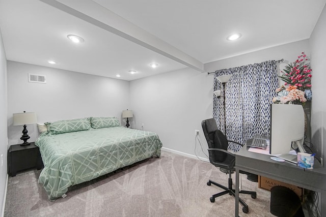 bedroom featuring carpet floors, a desk, baseboards, and recessed lighting
