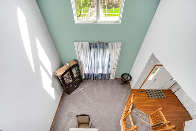 living room featuring a towering ceiling