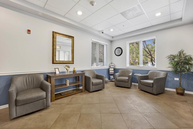 390 S Western Ave Unit 703, Des Plaines, IL 60016 - living area with tile patterned floors, baseboards, a raised ceiling, and recessed lighting