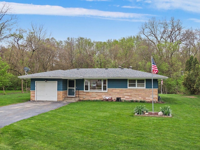 4603 Bonner Dr, Mchenry, IL 60050 - ranch-style house featuring stone siding, a garage, asphalt driveway, and a front yard