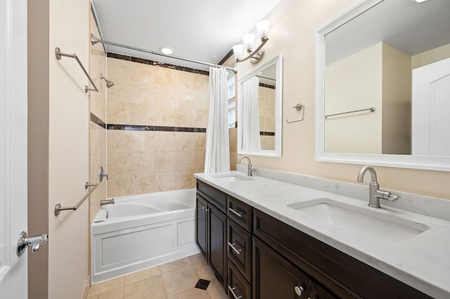 2033 W Rice St Unit 3, Chicago, IL 60622 - bathroom featuring shower / bathtub combination with curtain, tile patterned floors, double vanity, and recessed lighting