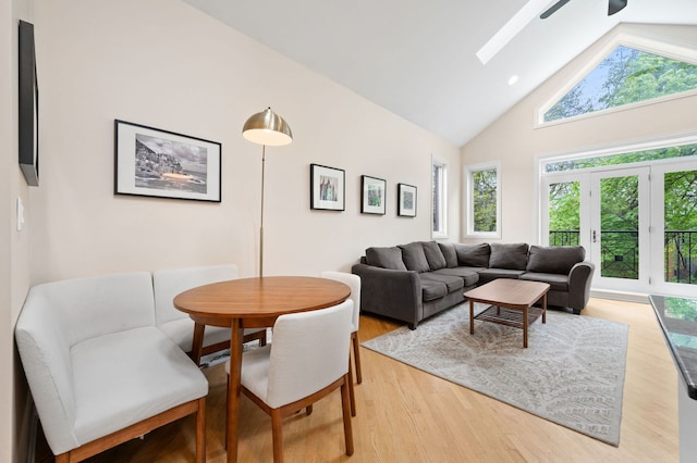2033 W Rice St Unit 3, Chicago, IL 60622 - living room featuring high vaulted ceiling, a skylight, light wood-type flooring, and a ceiling fan