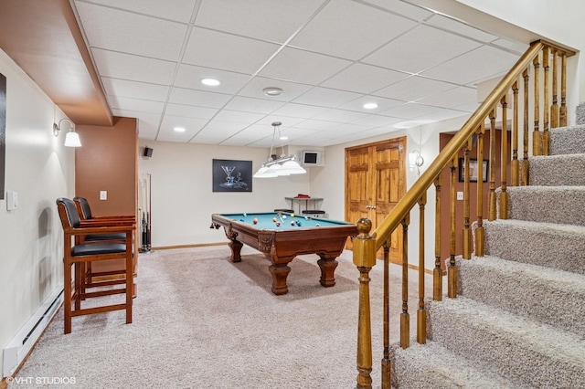 2020 Saint Andrews Dr, Plainfield, IL 60586 - playroom with baseboard heating, carpet floors, billiards table, a paneled ceiling, and recessed lighting