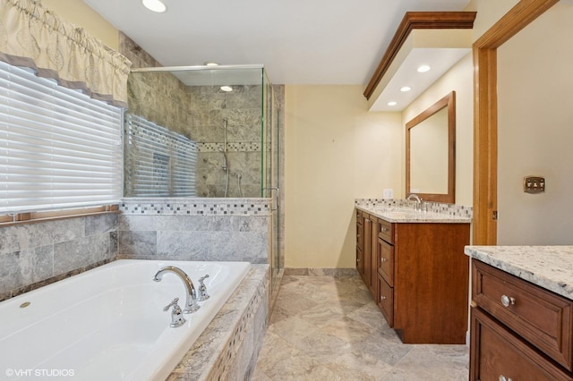 1373 Notre Dame Dr, Lemont, IL 60439 - bathroom featuring vanity, a shower stall, a bath, recessed lighting, and marble finish floors