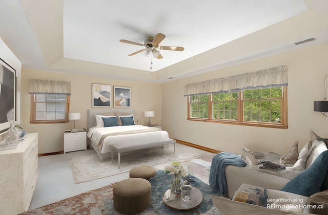 1373 Notre Dame Dr, Lemont, IL 60439 - bedroom with a tray ceiling, baseboards, and a ceiling fan