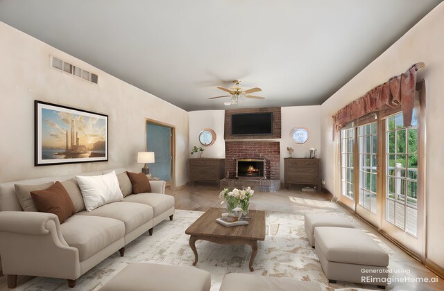 1373 Notre Dame Dr, Lemont, IL 60439 - living room with ceiling fan and a brick fireplace
