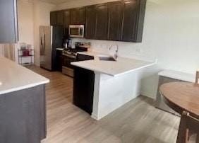kitchen featuring a peninsula, light wood-style floors, dark brown cabinetry, light countertops, and appliances with stainless steel finishes