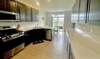 kitchen featuring a peninsula, light wood finished floors, light countertops, dark brown cabinets, and appliances with stainless steel finishes