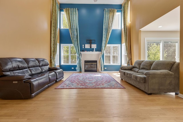 living room featuring a towering ceiling, healthy amount of natural light, and wood finished floors