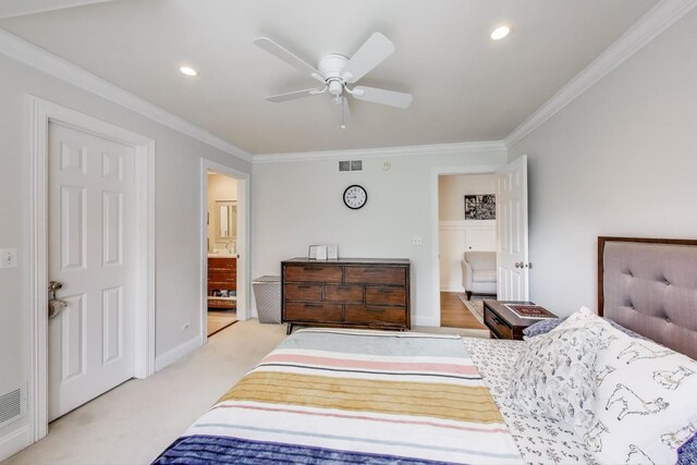 3511 Stackinghay Dr, Naperville, IL 60564 - bedroom with light colored carpet, ornamental molding, recessed lighting, and ceiling fan