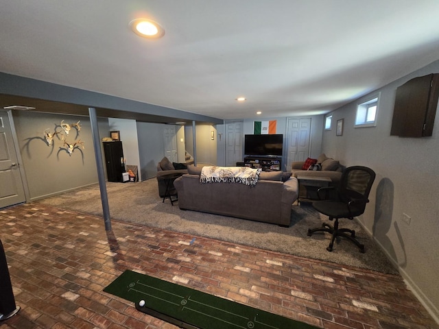 15509 Brianne Ln, Oak Forest, IL 60452 - living room featuring brick floors, baseboards, and recessed lighting