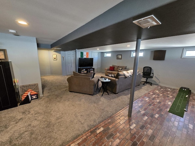 15509 Brianne Ln, Oak Forest, IL 60452 - basement with brick floors, carpet, and recessed lighting