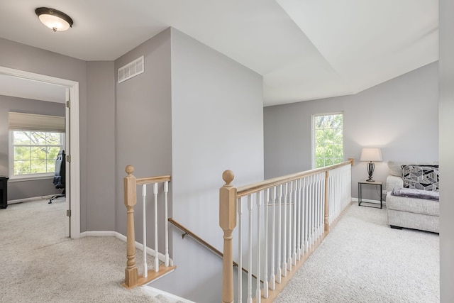 corridor featuring an upstairs landing, carpet, healthy amount of natural light, and baseboards