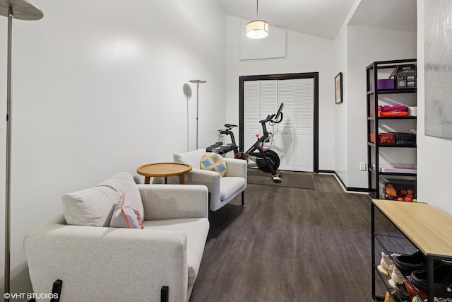interior space with dark wood finished floors, vaulted ceiling, and baseboards