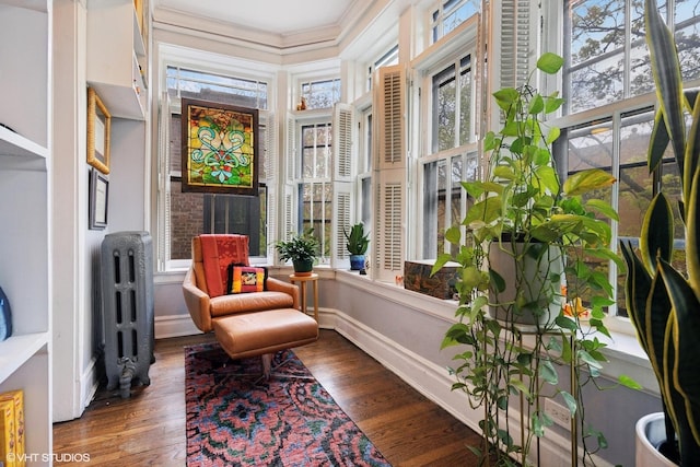 sitting room with ornamental molding, radiator, baseboards, and wood finished floors