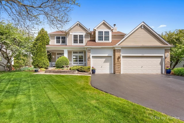 1840 Nashville Ln, Crystal Lake, IL 60014 - view of front of house featuring driveway, a front lawn, an attached garage, a porch, and a chimney