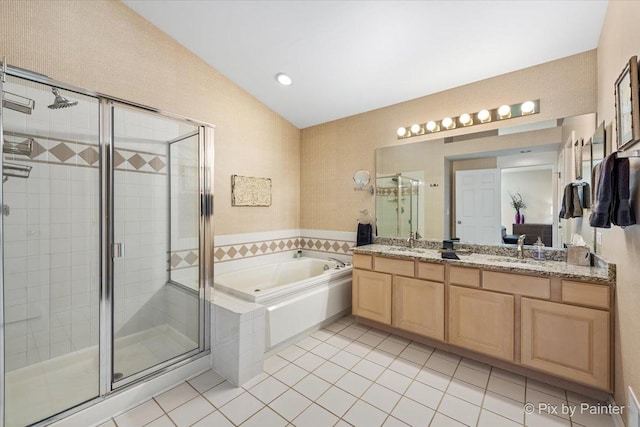 1840 Nashville Ln, Crystal Lake, IL 60014 - full bath featuring tile patterned flooring, a garden tub, a stall shower, double vanity, and lofted ceiling
