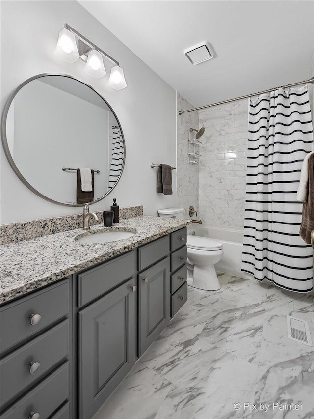 1840 Nashville Ln, Crystal Lake, IL 60014 - full bath with vanity, shower / bath combination with curtain, toilet, and marble finish flooring