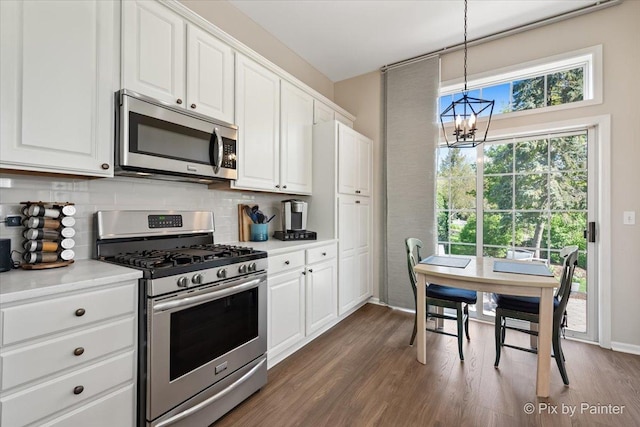 1840 Nashville Ln, Crystal Lake, IL 60014 - kitchen featuring stainless steel appliances, a chandelier, backsplash, and dark wood finished floors