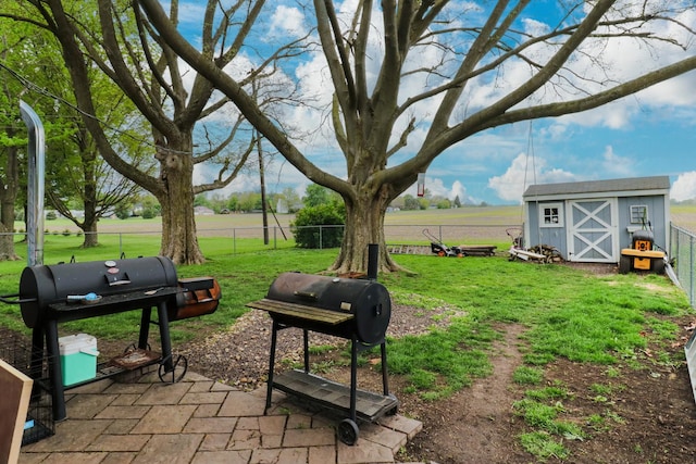 view of yard featuring a storage unit, an outbuilding, and a patio area