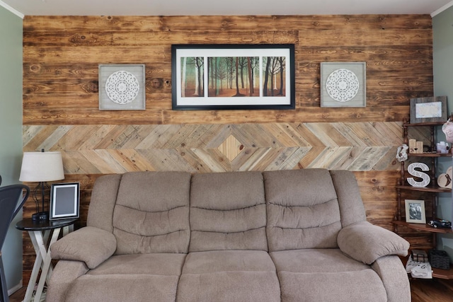 living area with crown molding