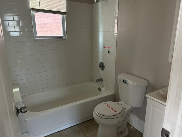 bathroom featuring toilet,  shower combination, tile patterned floors, and vanity
